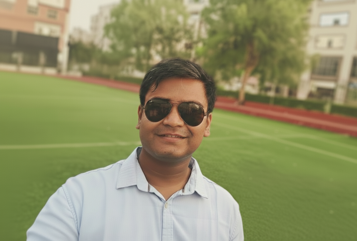 Profile photo of Apurve Karanwal wearing sunglasses on a track field